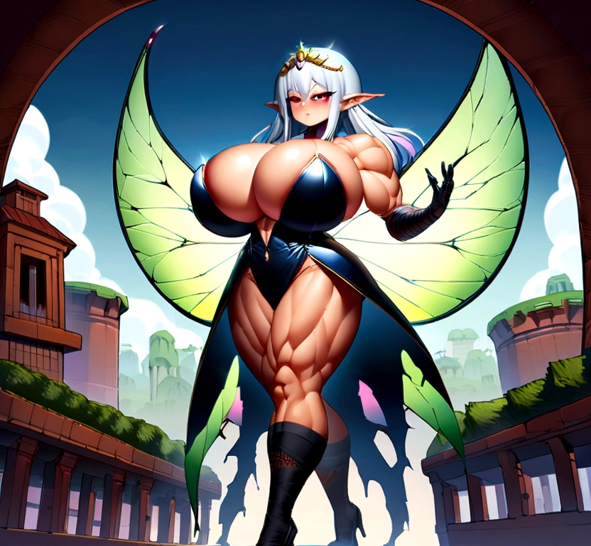 micro-landscape, micro-kingdom, toy-size kingdom, tiny-kingdom, nanoscopic-mountains, nanoscopic-trees, 1girl, (evil:1), villain, standing proud, full-body, high resolution face, white hair, gradient hair, pointy ears, glowing pendant, strapless dress, full bridal dress outfit, fairy wings, arm wrap, black gloves, leg wrap, black footwear, flat chest, mean, very thin, skinny legs, smile, sexy stockings, tiara, glowing red eyes, makeup, blush, eye shadow, rings, pearls, necklaces, flawless shiny silver hair, black heels, looking at viewer, from below, solo, ,Breasts are about to explode out of her clothes, ((hyper muscular:1.4 )) , ((big breasts:1.7)),(strong) , (((muscular))) ((Torn shirt)) (bulky:1.2) giantess (Very tall) (very large breasts)