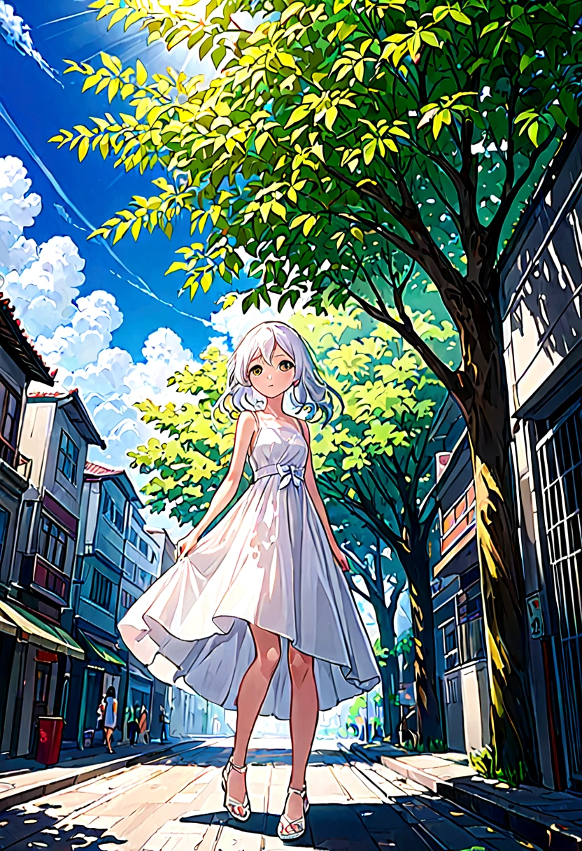 A girl in a white dress,summer:1.2,street,Urban greening,Blue sky and white clouds,Sunlight,tree shade,繁华的城市street,((whole body)),White,High heel,Hand and foot details,masterpiece,best quality,high resolution