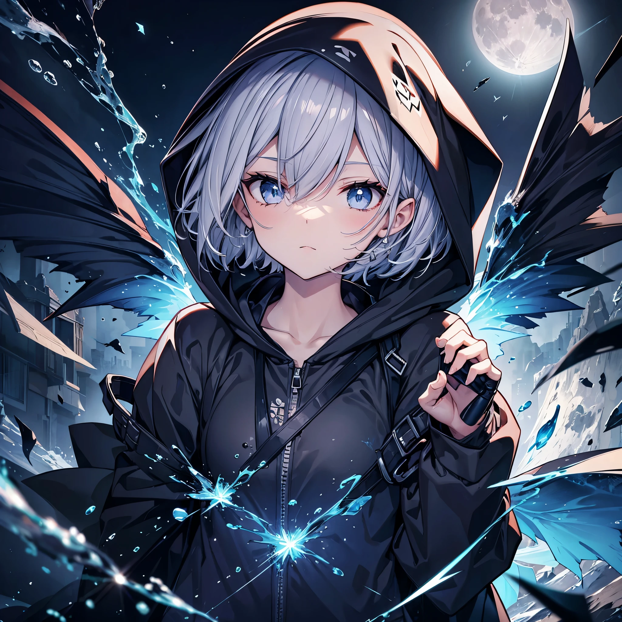 ((((grim Reaper　inflammation))))　(((Gray Hair　Short Hair　blue eyes　female　Close-up)))，((night　full moon　My own big wings))，(Wearing a hood　Black hoodie　Purple light)，　A tense look　Shining Background　Shining Edge