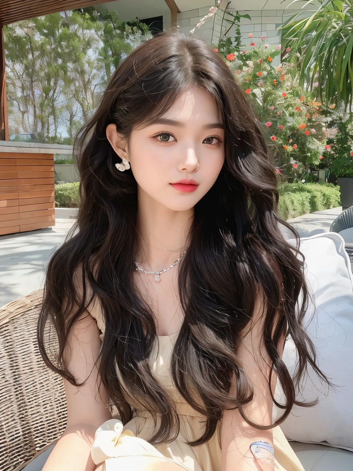 masterpiece，Best quality，一头黑棕色长curls的女孩，Facing the camera，black hair，长curls，Flowing long hair，A girl，Exquisite facial features，Middle parted bangs hairstyle，curls，20 years old，Chinese Girl，
