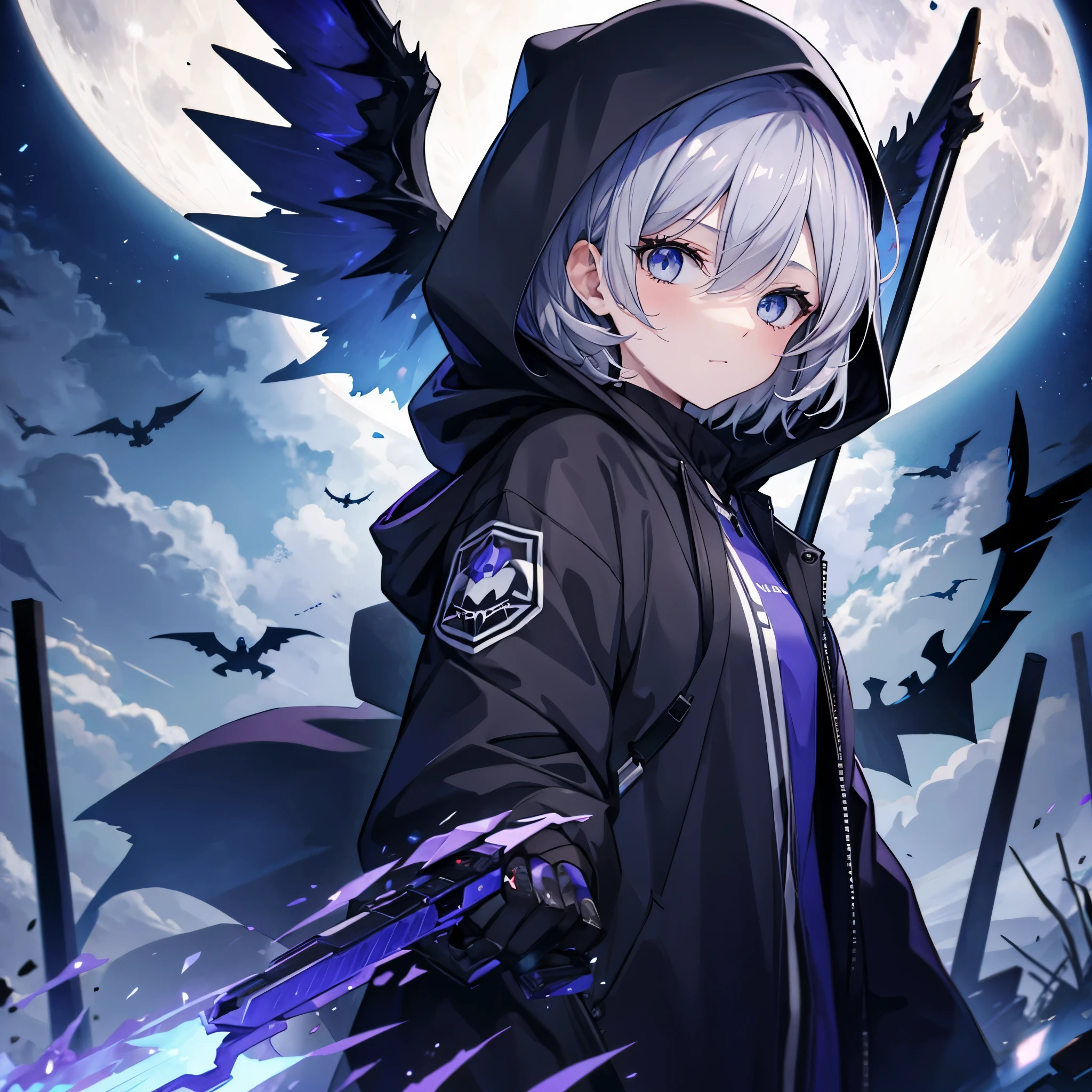 ((((grim Reaper　inflammation))))　(((Gray Hair　Short Hair　blue eyes　female　Close-up)))，((night　full moon　My own big wings))，(Wearing a hood　Black hoodie　Purple light)，　A tense look　Shining Background　Shining Edge