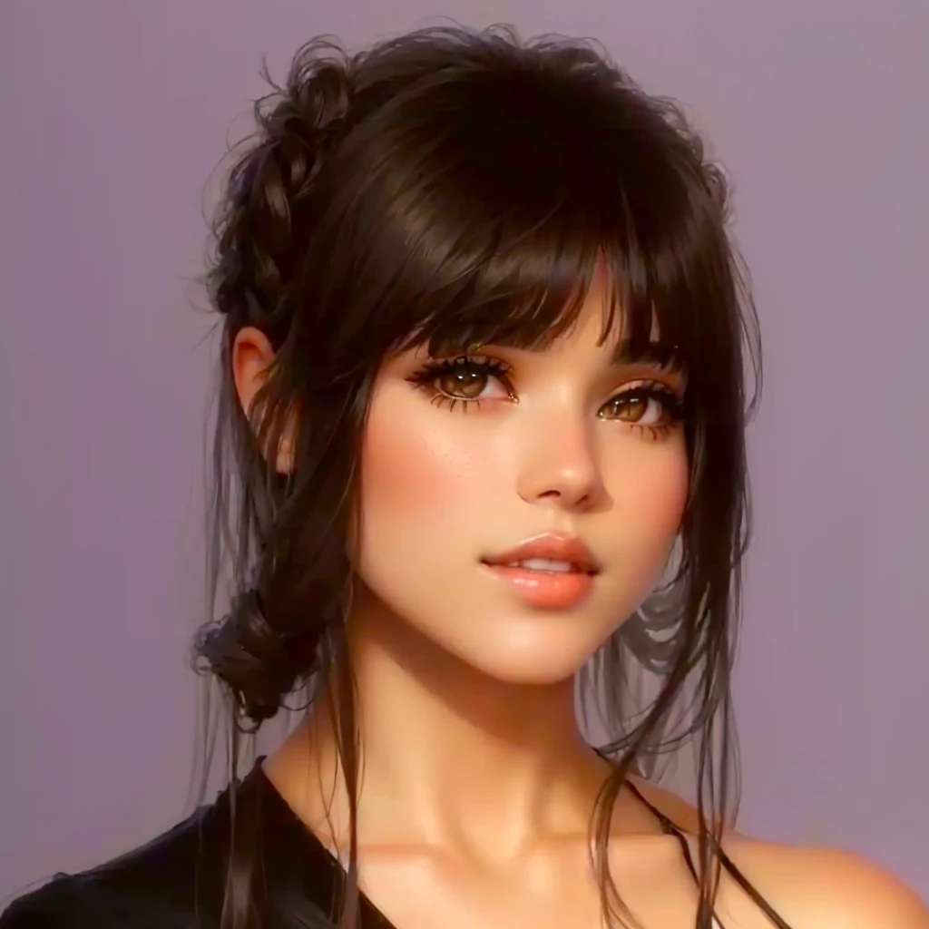 She is hugging a friend with white hair and a black dress.a close-up of a woman with long hair and a black dress, center-parted bangs, brown hair with bangs, isabela moner, brown hair and bangs, with bangs, with full bangs, central split strip, neat hair with bangs, she has black hair with bangs, com brown bangs, curtain bangs, brown bangs, fluffy bangs, I want it with all the realistic characteristics of the photo, but expand the background more and move the distance away from it, 