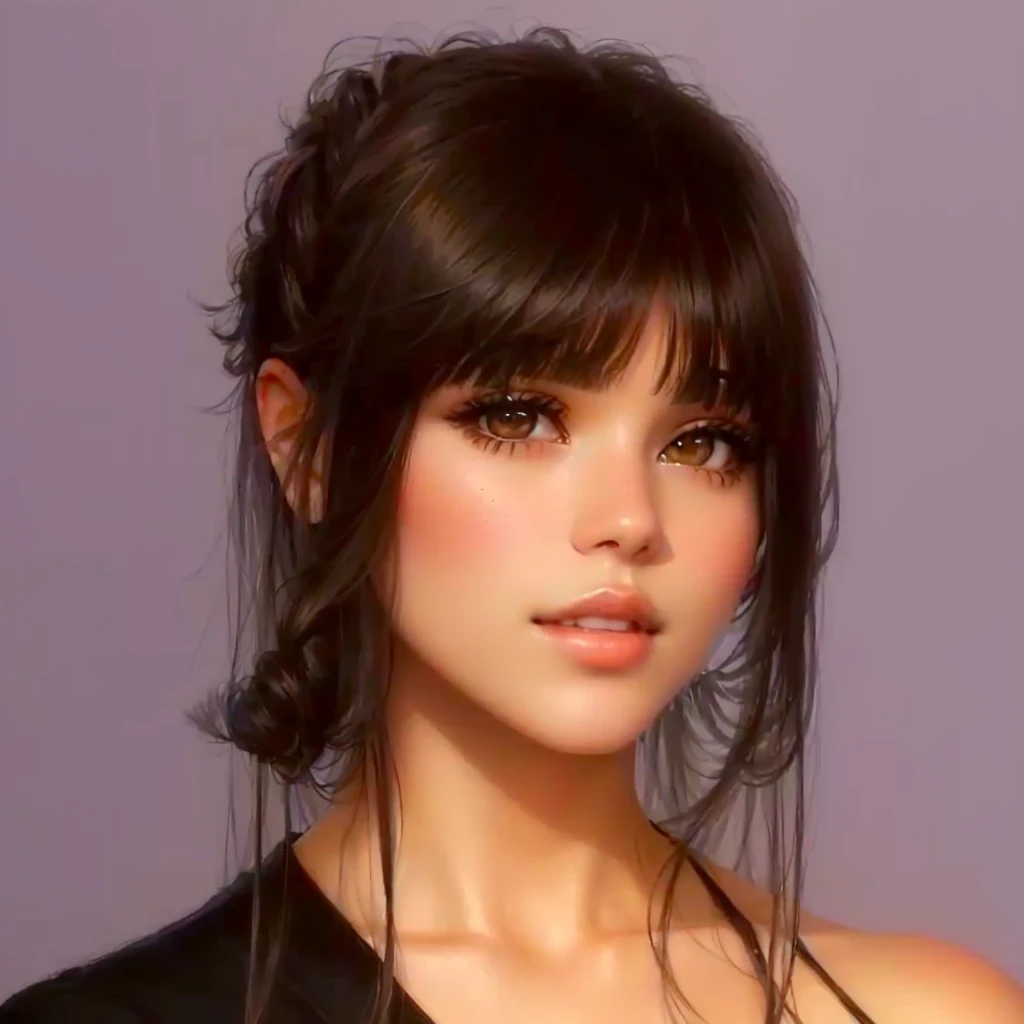 She is hugging a friend with white hair and a black dress.a close-up of a woman with long hair and a black dress, center-parted bangs, brown hair with bangs, isabela moner, brown hair and bangs, with bangs, with full bangs, central split strip, neat hair with bangs, she has black hair with bangs, com brown bangs, curtain bangs, brown bangs, fluffy bangs, I want it with all the realistic characteristics of the photo, but expand the background more and move the distance away from it, 