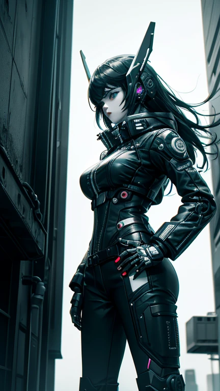 robotic cool girl in the sky. Look badass. with cyberpunk future outfit. Mix black and white color
