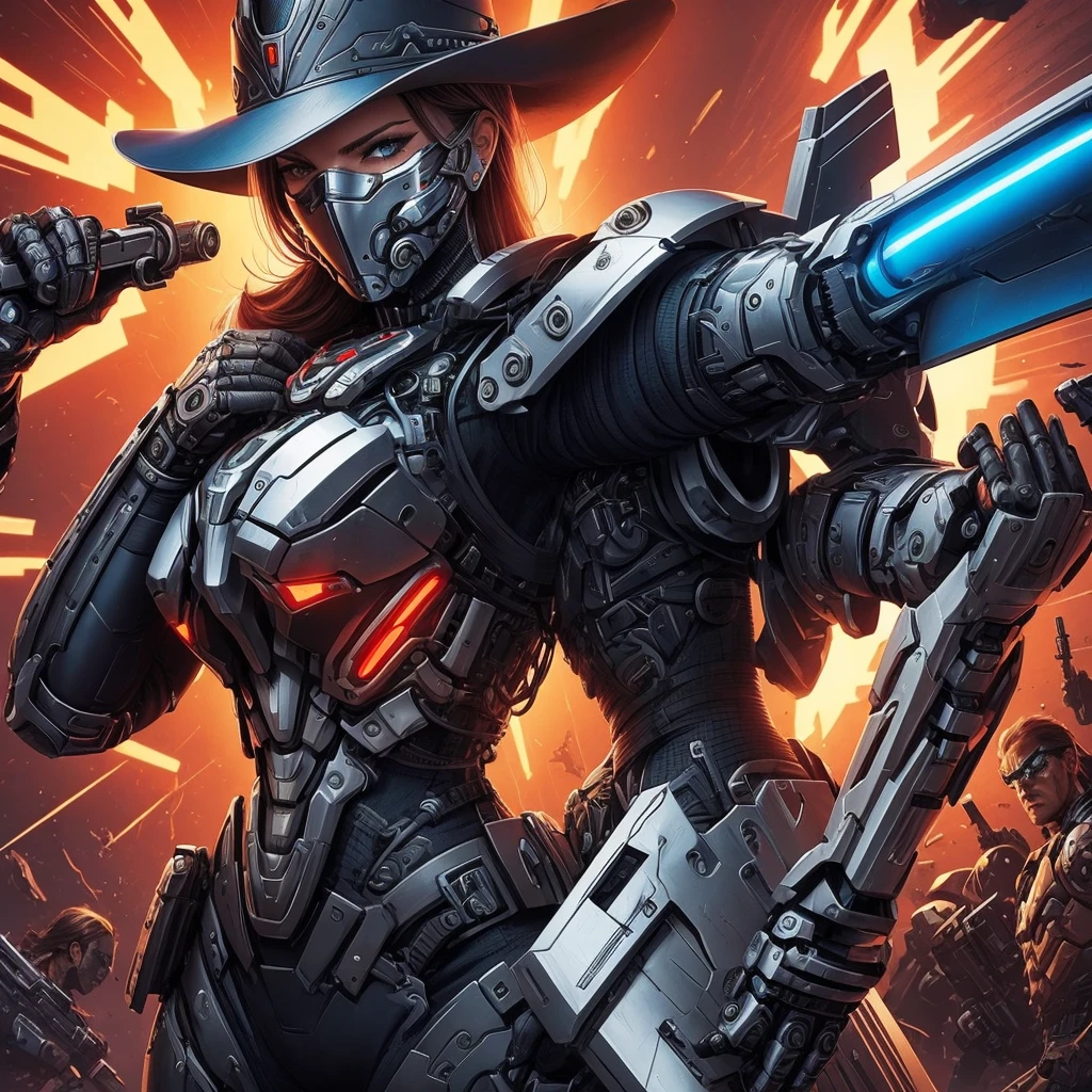 Bionic cyborg, Cowboy Woman,faceless mask,beautiful angle,dynamic pose,holding a big revolver,saturated color,comics,Drawing with colored pencils.