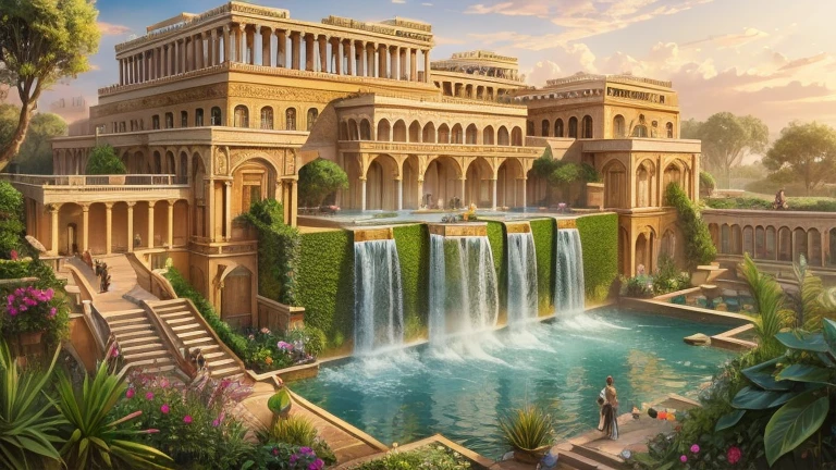 Create a highly detailed, vibrant illustration of the Hanging Gardens of Babylon, one of the Seven Wonders of the Ancient World. The scene should showcase the lush, terraced gardens filled with a variety of exotic plants, flowers, and trees, cascading down the multi-leveled structure. Include intricate architectural elements such as stone columns, ornate balconies, and water features like waterfalls and flowing streams that nourish the greenery. The setting is the bustling capital of the Neo-Babylonian Empire, with King Nebuchadnezzar II overseeing the gardens. The sky is clear, with the sun casting a golden glow, highlighting the grandeur and splendor of this ancient wonder. The backdrop includes glimpses of the majestic city walls and other iconic Babylonian structures.