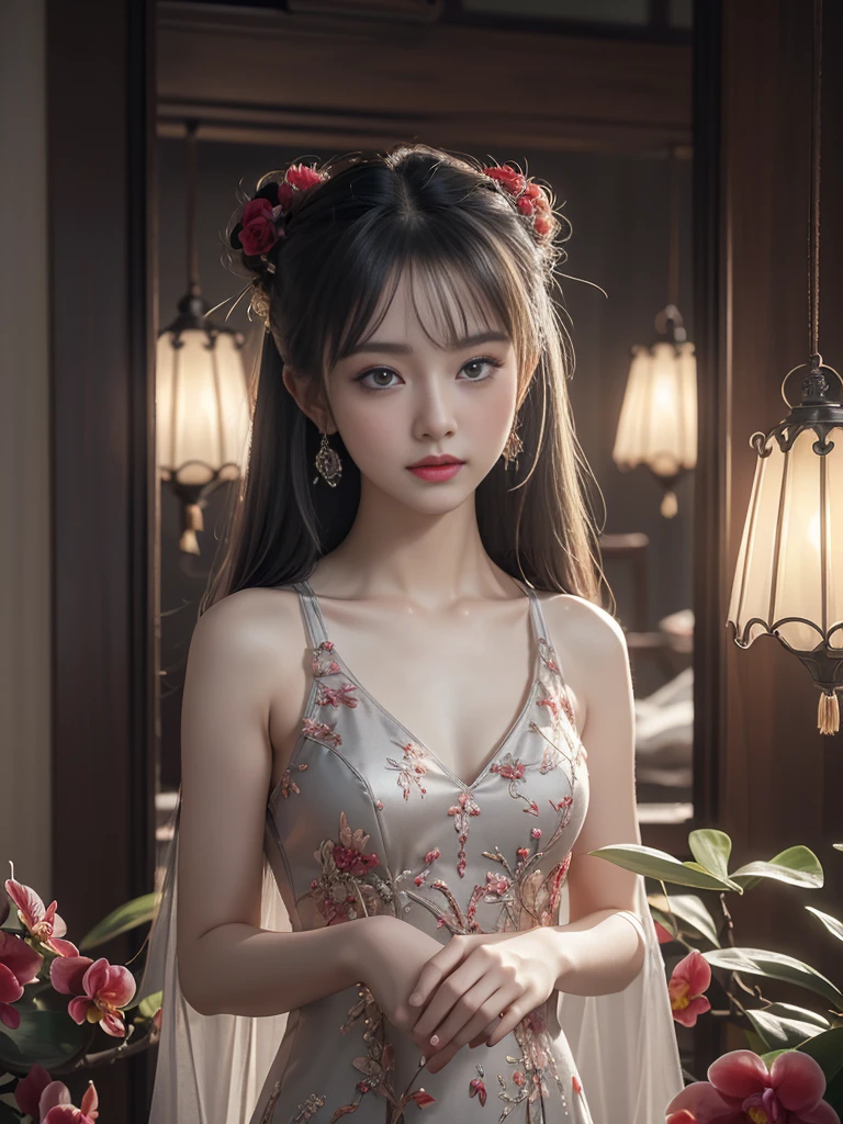 (Highly detailed CG 8k wallpaper, masterpiece, Highest quality, Super detailed), (Better lighting, Better Shadows, Very delicate and beautiful), floating, High saturation, Dynamic Angle, ((One girl)), nice, Ningguang City(Orchid Evening Dress) Gray Hair, Red eyes, Very long hair, hair ornaments, bangs