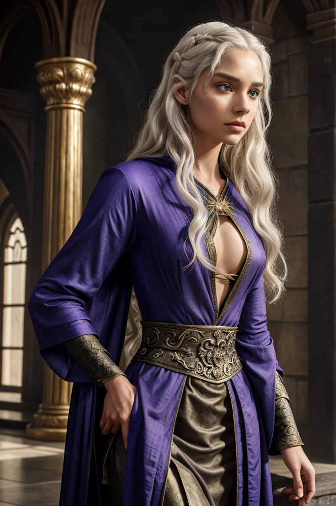 Create an image of Daenys Targaryen, known as Daenys the Dreamer, from 'A Song of Ice and Fire' by George R.R. Martin. She has the distinctive features of House Targaryen, with silver-gold hair flowing gracefully down her back and striking violet eyes. Her complexion is fair, typical of Valyrian descent. Daenys is dressed in rich, flowing robes adorned with dragon motifs, signifying her noble status and heritage. She exudes an aura of wisdom and mystique, befitting her role as a prophetic figure. The background features elements of ancient Valyria, with hints of dragons and Valyrian architecture, emphasizing her connection to this legendary civilization.