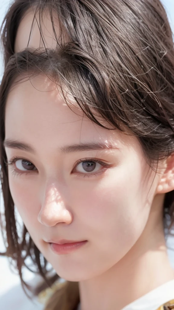 (((Ultra-high resolution、Close-up)))、Long, straight black hair frames her face、So that every single hair is clearly visible、Depicts subtle color changes depending on the amount of light hitting the subject、The skin is white and smooth、Has a natural glow、Fine skin texture、Representing the fine details of pores、amountや頬に薄い赤みがある部分を詳細に、The eyes are almond-shaped and dark brown.、Fine details of the iris、Depicts color gradations and patterns、Long, natural-looking eyelashes, each and every one visible、Well-groomed eyebrows、indivual々The hair is clearly visible、Light reflects off into the eyes、Create small highlights、noseは繊細で、nose孔の細かいディテールがある、Lips are plump and naturally pink、Depicts the fine lines and soft curves of the lips、Shiny、Accentuate the shape、Detailed depiction of lip texture、Particular attention to the depiction of light and shadow、Soft natural light gently illuminates the face from the front、amount、nose、Creates a subtle glow on the cheeks、Shadows are cast softly along the contours of the face、cheekbone、Jaw Curve、noseの側面を強調、The gloss of her lips reflects the light faintly.、Emphasizes plump texture、The shadow of the hair adds depth and dimension.、indivual々The hair shines in the light、The background is simple and blurred.、Focus on the face、In the highest quality、Representing the utmost detail