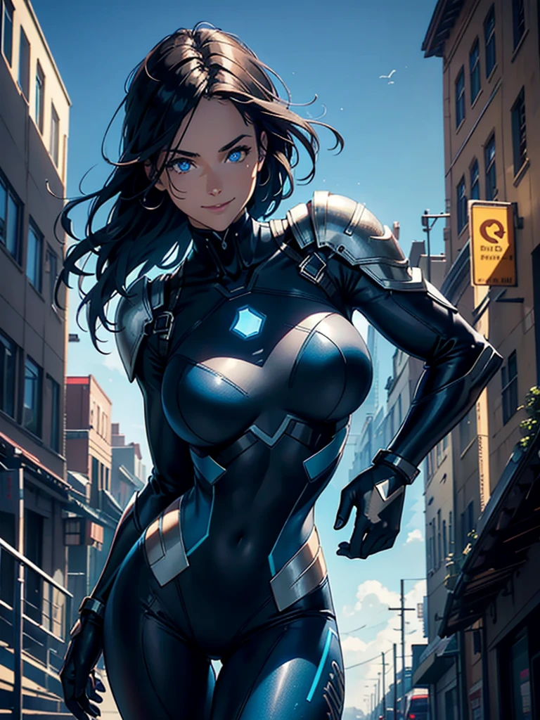 16K, HDR,UHD, RTX, ray tracing, chiaroscuro, best quality, masterpiece, ethereal, perfect illustration, digital artwork, trending on artstation, jaw-dropping perfection, ultra realistic, textured amazing lighting effects, perfect shadows, WLOP, 1girl, beautiful mature edgy woman in a cool long jacket and black pants, superhero suit, stomach covered by clothing, shoulder-length hair, shoulder-length hair, wavy hair, black hair, highly detailed glowing blue eyes, glowing eyes, blue eyes, beautiful glowy blue eyes, detailed eyes, beautiful face, perfect anatomy, broad shoulders, strong upper-body, modern city, city, beautiful weather, stunning sunshine, sunny, daylight, sunlight, modern, nature, daytime, superhero, uplifting, heroic, heroic pose, smiling, smiling at camera, athletic, hands near hips, glowy eyes, daytime, black and blue superhero suit, metal shoulder-pads, summertime, radiant sunlight, beautiful cityscape, hair blowing in wind, manly shoulders, big smile, wide smile, happy eyes, joyful, smiling with teeth, very tall, wide shoulders, tall