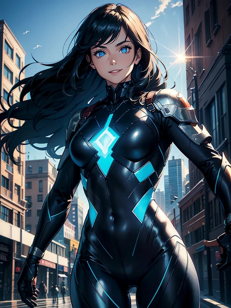 16K, HDR,UHD, RTX, ray tracing, chiaroscuro, best quality, masterpiece, ethereal, perfect illustration, digital artwork, trending on artstation, jaw-dropping perfection, ultra realistic, textured amazing lighting effects, perfect shadows, WLOP, 1girl, beautiful mature edgy woman in a cool long jacket and black pants, superhero suit, stomach covered by clothing, shoulder-length hair, shoulder-length hair, wavy hair, black hair, highly detailed glowing blue eyes, glowing eyes, blue eyes, beautiful glowy blue eyes, detailed eyes, beautiful face, perfect anatomy, broad shoulders, strong upper-body, modern city, city, beautiful weather, stunning sunshine, sunny, daylight, sunlight, modern, nature, daytime, superhero, uplifting, heroic, heroic pose, smiling, smiling at camera, athletic, hands near hips, glowy eyes, daytime, black and blue superhero suit, metal shoulder-pads, summertime, radiant sunlight, beautiful cityscape, hair blowing in wind, manly shoulders, big smile, wide smile, happy eyes, joyful, smiling with teeth, very tall, wide shoulders, tall