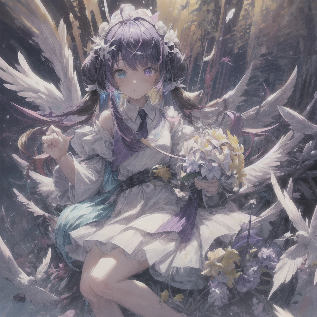 pretty, anime, pastel, neon, vtuber-fullbody vtuber-halfbody, kawaii Masterpiece, young woman, sitting down, parted lips, black eyes, fluffy curly hair, bangs, ahoge, light brown hair, rosy cheeks, short sleeve, black and purple dress, puffy sleeves, black gloves, purple ribbons, ((faded iris)), myceliumtech, scifi, Mycelia, spongy, PsychedelicMasterpiece, ((Faded iris)), flowers, smile, water effect, ahoge, looking up, upper view, yuki miku, very long blue hair, twintails, hair ornament, blue eyes, kawaii looking upupper viewhair ornament(masterpiece:1.2), (hires:1.2), (better hands:1.2), beautiful hands, perfect anatomy, holding star, 1boy, antenna hair, choker, white jacket, shoulder-belt, collared shirt, ear piercing, chain earrings, gradient, stars hair ornament, male focus, multicolored hair, purple hair, yellow strands, yellow necktie, (eye1 purple, eye2 yellow, heterochromia), starlight, starMasterpiece, young girl, white hair, fluffy hair, ahoge, medium length hair, bird feathers, sky, jungle, feather ears, white bird wings, vibrant colors, flowers, flower crown, leaves, white silk dress, detailed sleeves, strewn plants, hair over eyes, butterfly style, more_details:-1, more_details:0, more_details:0.5, more_details:1, more_details:1.5, (((ultra detailed))), softcore, kawaii,