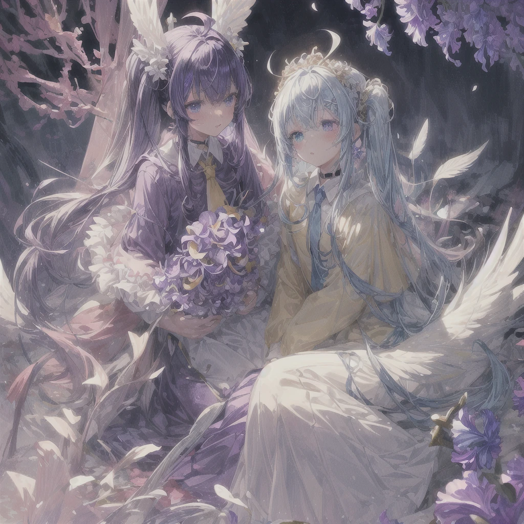 pretty, anime, pastel, neon, vtuber-fullbody vtuber-halfbody, kawaii Masterpiece, young woman, sitting down, parted lips, black eyes, fluffy curly hair, bangs, ahoge, light brown hair, rosy cheeks, short sleeve, black and purple dress, puffy sleeves, black gloves, purple ribbons, ((faded iris)), myceliumtech, scifi, Mycelia, spongy, PsychedelicMasterpiece, ((Faded iris)), flowers, smile, water effect, ahoge, looking up, upper view, yuki miku, very long blue hair, twintails, hair ornament, blue eyes, kawaii looking upupper viewhair ornament(masterpiece:1.2), (hires:1.2), (better hands:1.2), beautiful hands, perfect anatomy, holding star, 1boy, antenna hair, choker, white jacket, shoulder-belt, collared shirt, ear piercing, chain earrings, gradient, stars hair ornament, male focus, multicolored hair, purple hair, yellow strands, yellow necktie, (eye1 purple, eye2 yellow, heterochromia), starlight, starMasterpiece, young girl, white hair, fluffy hair, ahoge, medium length hair, bird feathers, sky, jungle, feather ears, white bird wings, vibrant colors, flowers, flower crown, leaves, white silk dress, detailed sleeves, strewn plants, hair over eyes, butterfly style, more_details:-1, more_details:0, more_details:0.5, more_details:1, more_details:1.5, (((ultra detailed))), softcore, kawaii, 