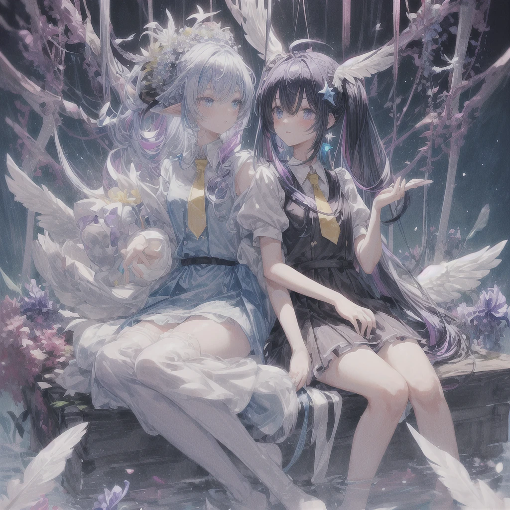 pretty, anime, pastel, neon, vtuber-fullbody vtuber-halfbody, kawaii Masterpiece, young woman, sitting down, parted lips, black eyes, fluffy curly hair, bangs, ahoge, light brown hair, rosy cheeks, short sleeve, black and purple dress, puffy sleeves, black gloves, purple ribbons, ((faded iris)), myceliumtech, scifi, Mycelia, spongy, PsychedelicMasterpiece, ((Faded iris)), flowers, smile, water effect, ahoge, looking up, upper view, yuki miku, very long blue hair, twintails, hair ornament, blue eyes, kawaii looking upupper viewhair ornament(masterpiece:1.2), (hires:1.2), (better hands:1.2), beautiful hands, perfect anatomy, holding star, 1boy, antenna hair, choker, white jacket, shoulder-belt, collared shirt, ear piercing, chain earrings, gradient, stars hair ornament, male focus, multicolored hair, purple hair, yellow strands, yellow necktie, (eye1 purple, eye2 yellow, heterochromia), starlight, starMasterpiece, young girl, white hair, fluffy hair, ahoge, medium length hair, bird feathers, sky, jungle, feather ears, white bird wings, vibrant colors, flowers, flower crown, leaves, white silk dress, detailed sleeves, strewn plants, hair over eyes, butterfly style, more_details:-1, more_details:0, more_details:0.5, more_details:1, more_details:1.5, (((ultra detailed))), softcore, kawaii,