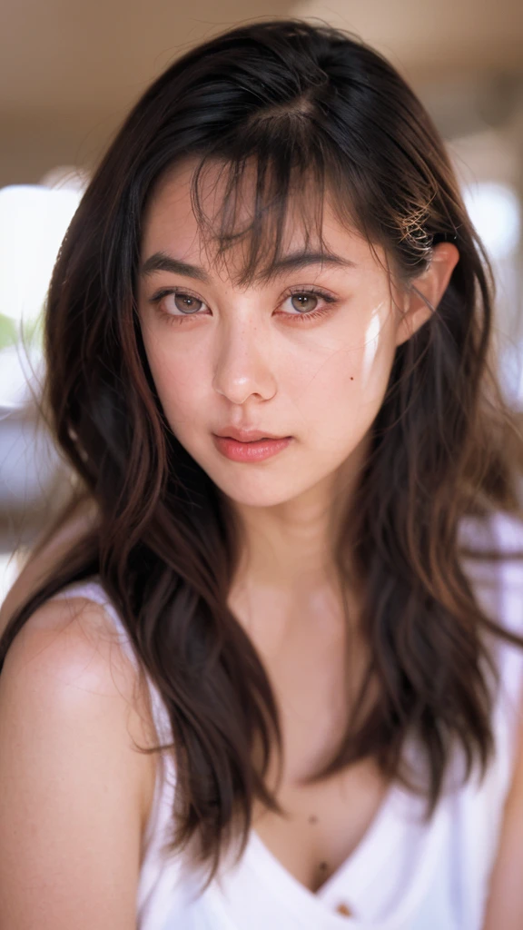 (((Ultra-high resolution、Close-up)))、Long, straight black hair frames her face、So that every single hair is clearly visible、Depicts subtle color changes depending on the amount of light hitting the subject、The skin is white and smooth、Has a natural glow、Fine skin texture、Representing the fine details of pores、amountや頬に薄い赤みがある部分を詳細に、The eyes are almond-shaped and dark brown.、Fine details of the iris、Depicts color gradations and patterns、Long, natural-looking eyelashes, each and every one visible、Well-groomed eyebrows、indivual々The hair is clearly visible、Light reflects off into the eyes、Create small highlights、noseは繊細で、nose孔の細かいディテールがある、Lips are plump and naturally pink、Depicts the fine lines and soft curves of the lips、Shiny、Accentuate the shape、Detailed depiction of lip texture、Particular attention to the depiction of light and shadow、Soft natural light gently illuminates the face from the front、amount、nose、Creates a subtle glow on the cheeks、Shadows are cast softly along the contours of the face、cheekbone、Jaw Curve、noseの側面を強調、The gloss of her lips reflects the light faintly.、Emphasizes plump texture、The shadow of the hair adds depth and dimension.、indivual々The hair shines in the light、The background is simple and blurred.、Focus on the face、In the highest quality、Representing the utmost detail