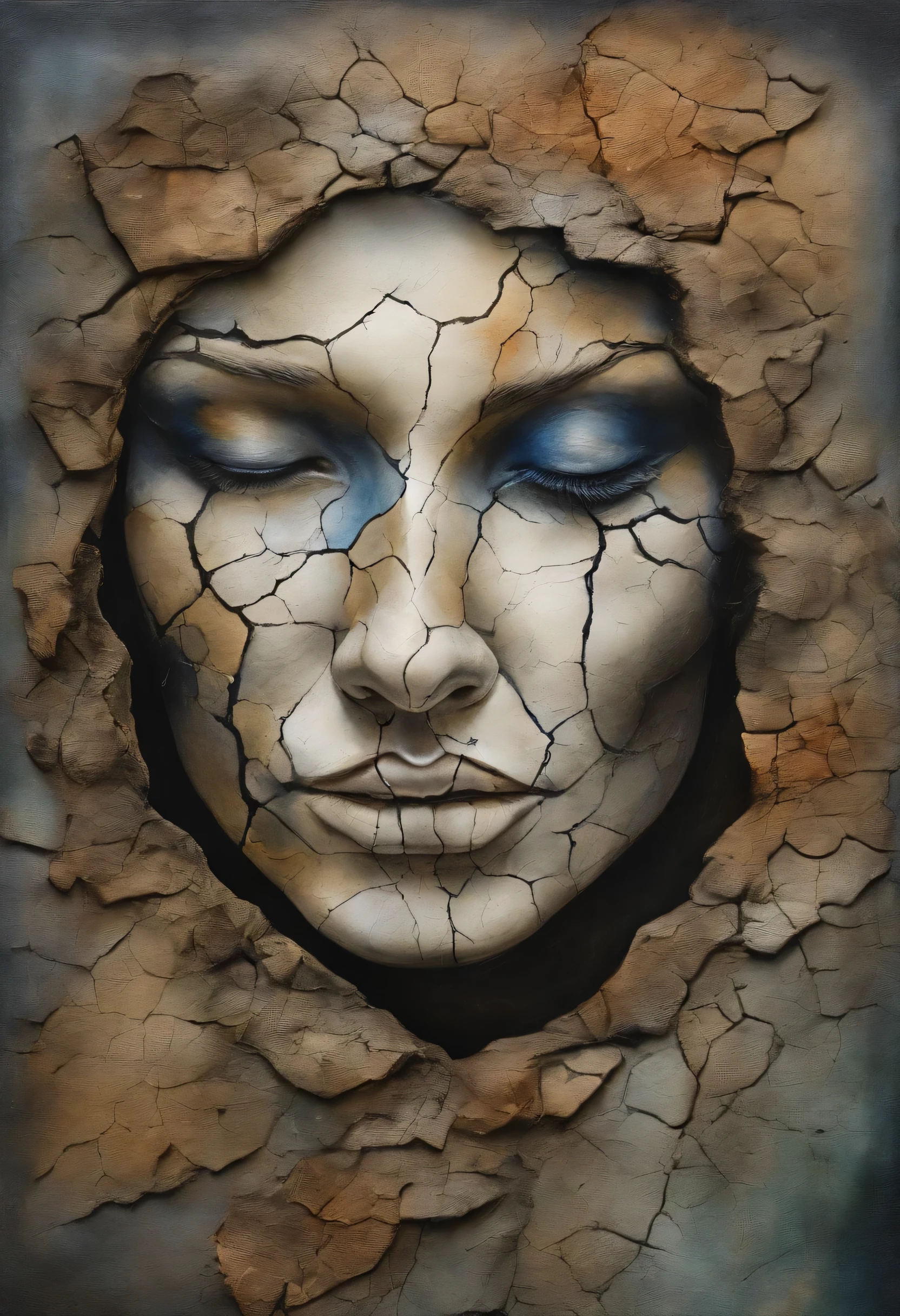 Close-up of face painting with broken face, cracked porcelain face, Exposed brain,fragmentation, Pondering,abstract portrait, Surreal dark art,Anxious look, powder々, 4 k symmetrical portrait, Glass surface, Detailed face, detailedeyes