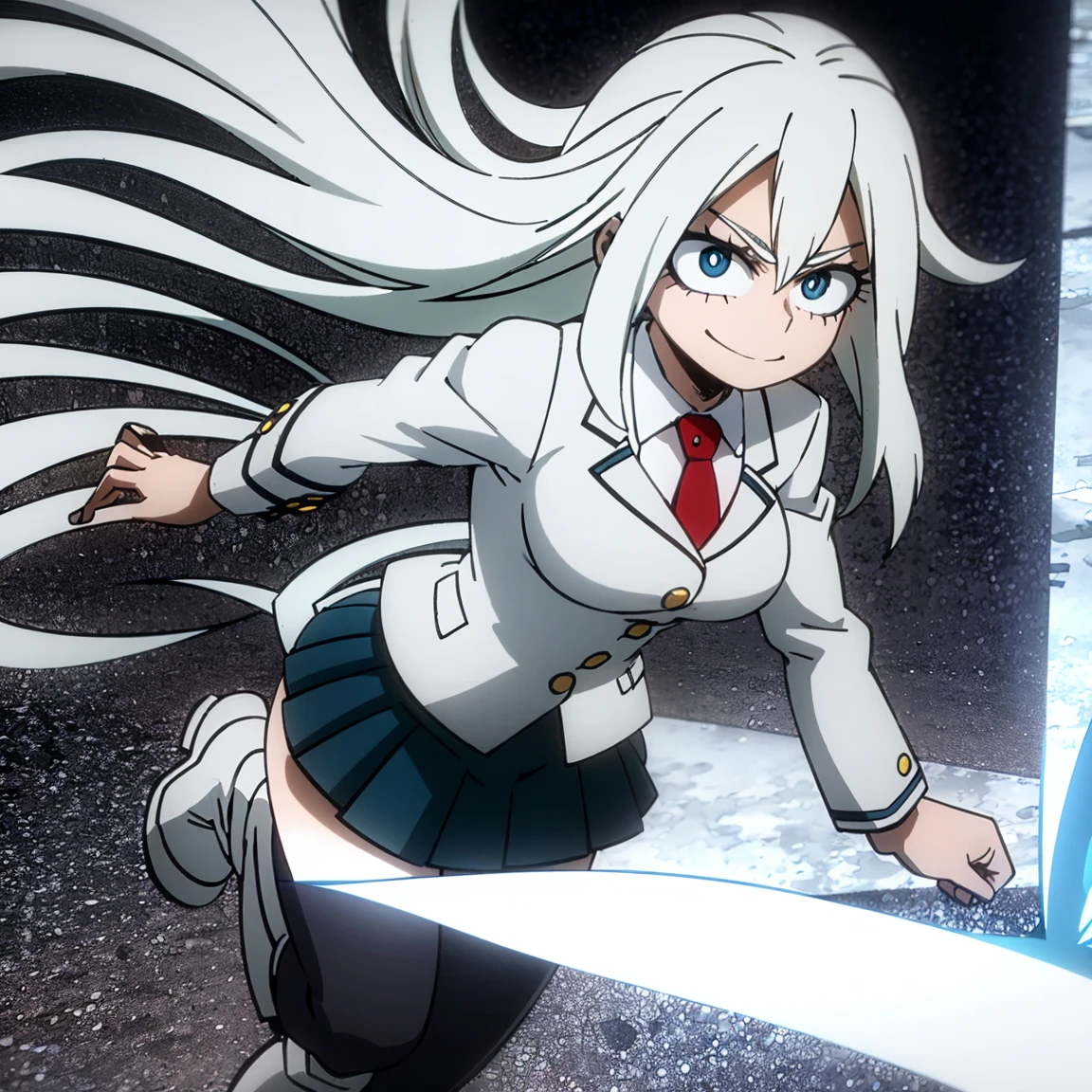 1girl, female focus, solo, big breasts, long hair, wavy hair, white hair, blue eyes, smile, gray jacket, red tie, white shirt, teal skirt, gray tights, boots, ice, snow