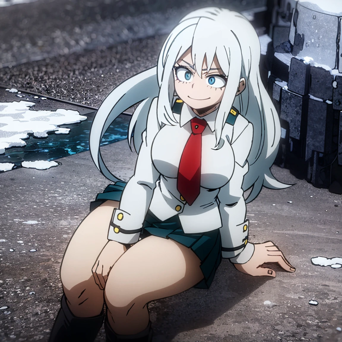 1girl, female focus, solo, big breasts, long hair, wavy hair, white hair, blue eyes, smile, gray jacket, red tie, white shirt, teal skirt, gray tights, boots, ice, snow