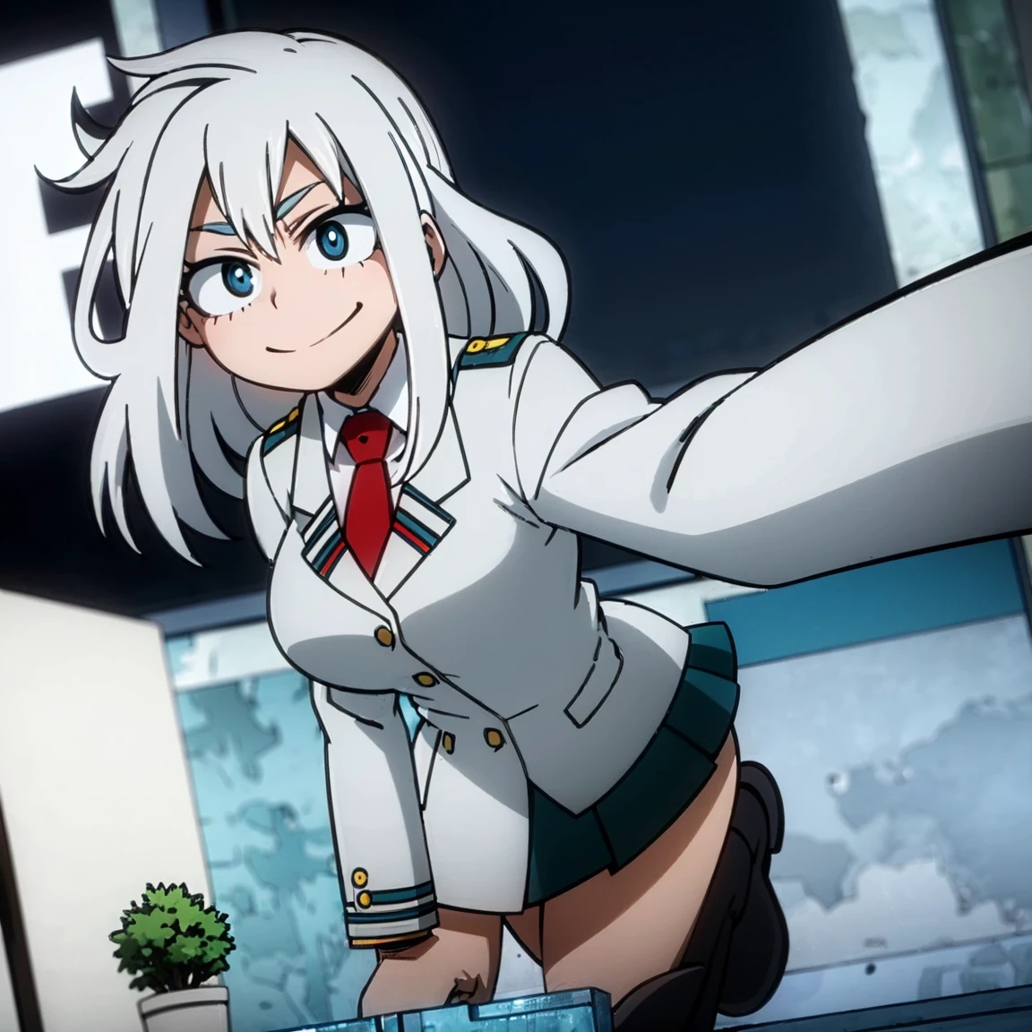 1girl, female focus, solo, big breasts, long hair, wavy hair, white hair, blue eyes, smile, gray jacket, red tie, white shirt, teal skirt, gray tights, boots, ice, snow
