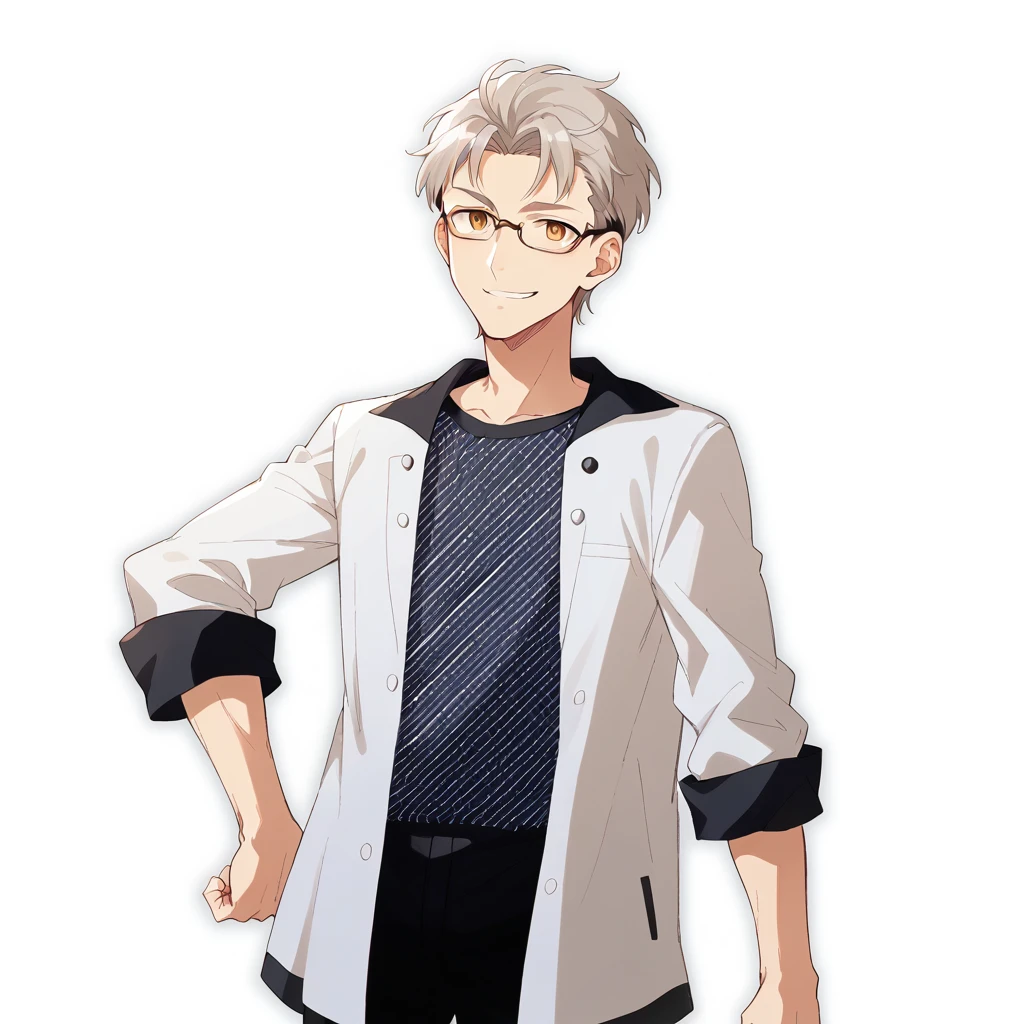 50th Generation、smile、Anime-style image of a man wearing glasses and a white jacket, akihiko yoshida 8 k, Live2D Virtual Youtuber Model, akihiko yoshida!, Single character full body, toru narita, !!Full body portrait!!, Official character art, kaworu nagisa, Single character, makoto shinka, Kentaro Miura Style