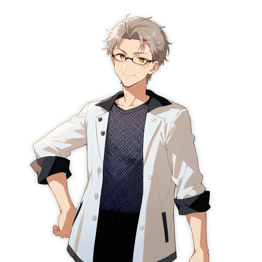 50th Generation、smile、Anime-style image of a man wearing glasses and a white jacket, akihiko yoshida 8 k, Live2D Virtual Youtuber Model, akihiko yoshida!, Single character full body, toru narita, !!Full body portrait!!, Official character art, kaworu nagisa, Single character, makoto shinka, Kentaro Miura Style