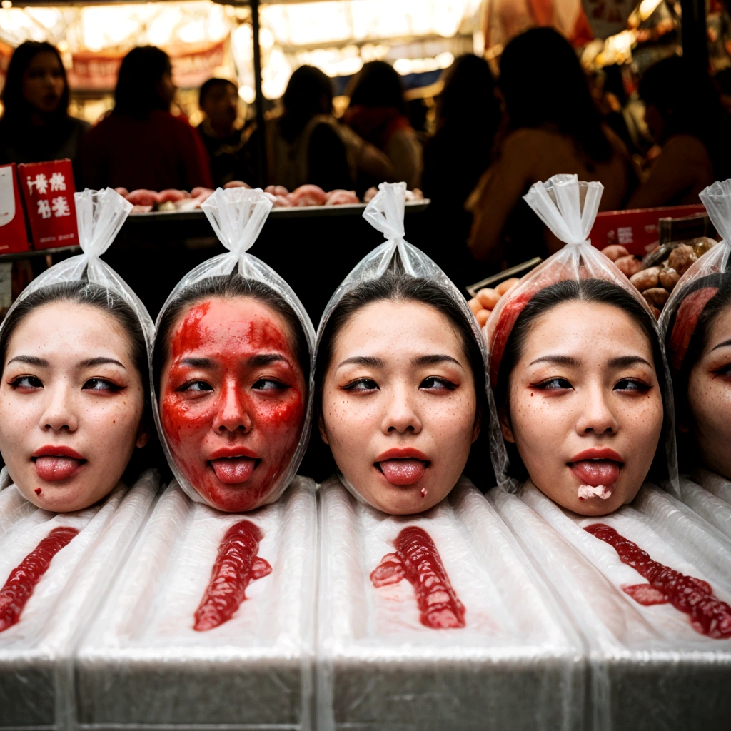 Several decapitated heads of beautiful women in transparent plastic bags, on a table, in a public market, full of blood, blood flowing, ((eyes closed)), bleeding, photorealistic, 4K, Nikon, horror, public market, beautiful asian face