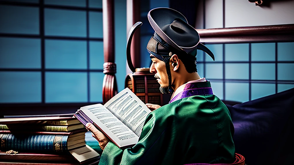 Back view of a japanese man wearing a purple kimono and an old black hat reading an old brown japanese book, centered, scale fit, rule of thirds, (shiny Egyptian ornaments), high resolution, sharp focus, (ultra detailed, highly detailed), (photorealistic artwork: 1.37), (highly detailed CG Unity 8k wallpaper), (((vibrant colors, vibrant theme))), (exquisite), (masterpiece), (best quality), art photography, (photo by sldr), (exquisite background), perfectly rendered face, perfect facial details, realistic face, photorealistic, ((exquisite details)), (((realism))),