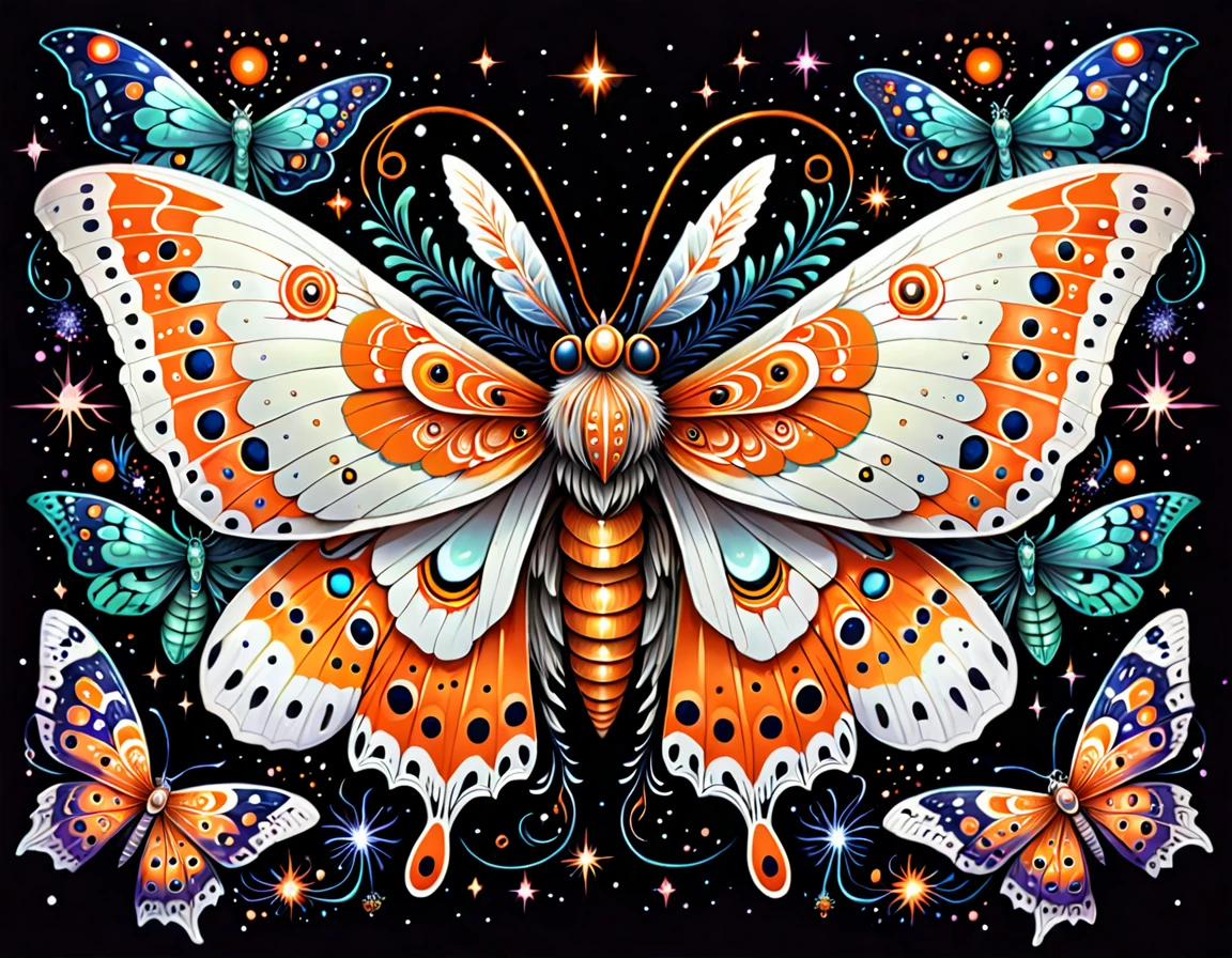 一只Moth的黑白图像，Colors: orange and white, big Moth, Psychedelic cosmic horror, Mysterious inspiration, Moth wings, Mysterious insects, Moth, 神秘Art, Psychedelic illustration, cosmic horror entity with wings, moth crown, Art, Luminescence，Very detailed