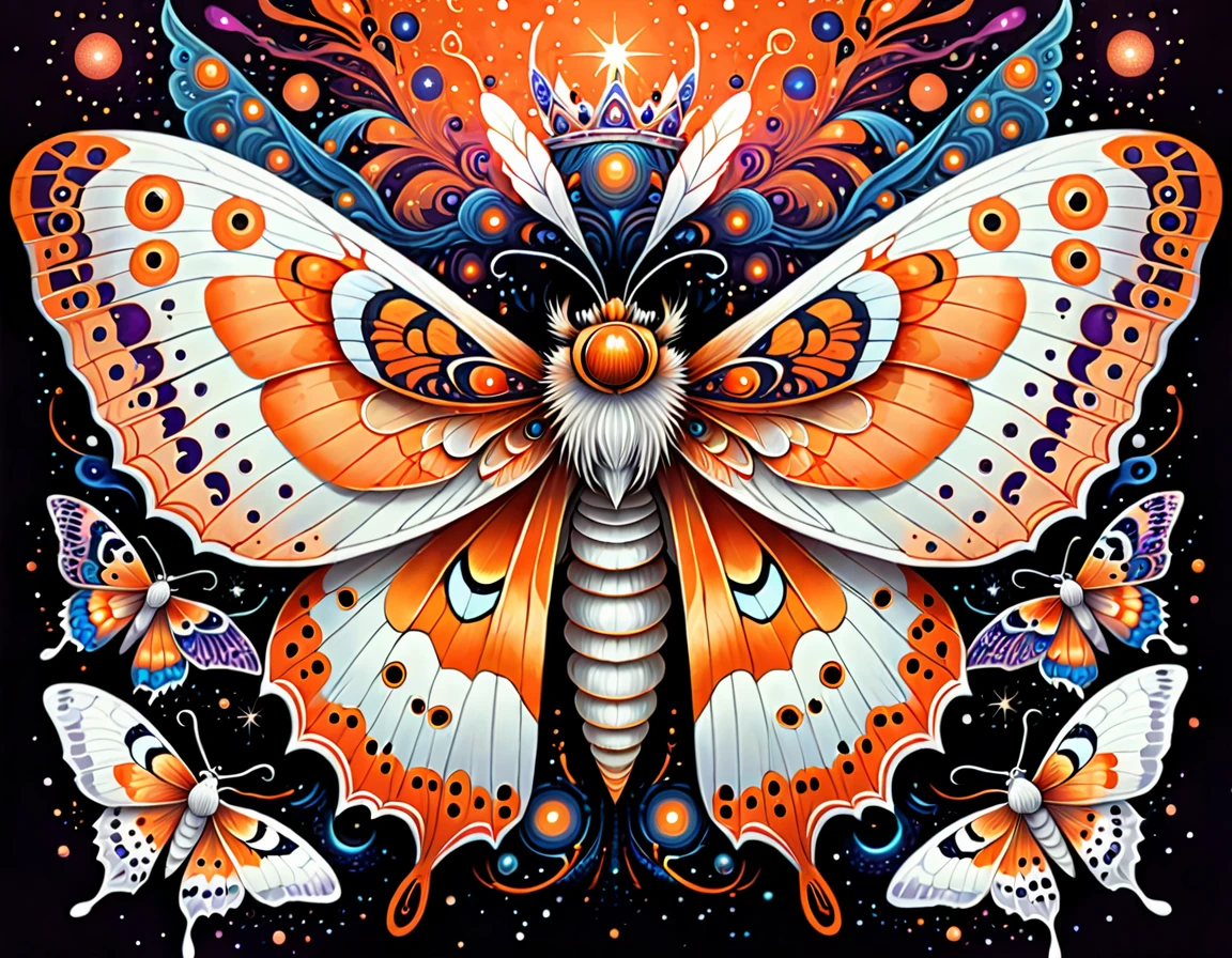 一只Moth的黑白图像，Colors: orange and white, big Moth, Psychedelic cosmic horror, Mysterious inspiration, Moth wings, Mysterious insects, Moth, 神秘Art, Psychedelic illustration, cosmic horror entity with wings, moth crown, Art, Luminescence，Very detailed