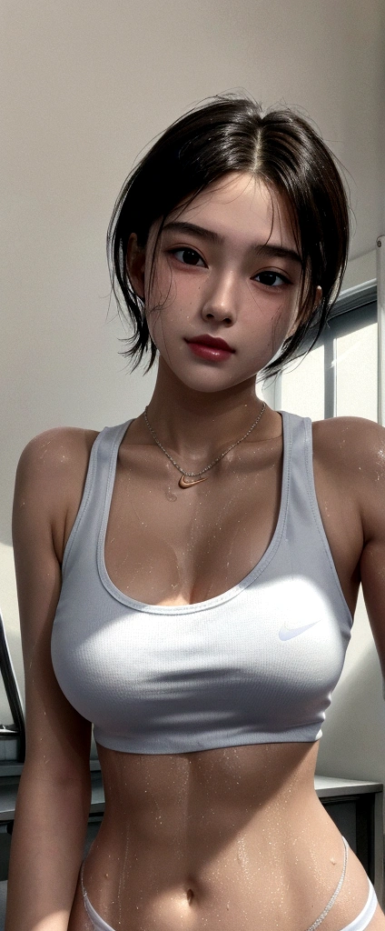 One girl,18-year-old,Perfect hands, Perfect Fingers,Perfect Anatomy, masterpiece, Highest quality,Realistic, hyperRealistic, 16k hdr,, morning, short hair, Black Hair,  (See-through Nike white tank top:1.2),Pub, From below,Are standing,(Sweat:1.3),(blush, smile),Large Breasts,Upper Body,necklace,(((Leaning forward:1.2)))