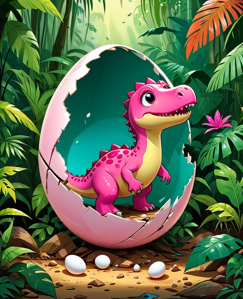 Interesting illustrations:Pink little dinosaur in a broken eggshell,cute,Rainforest