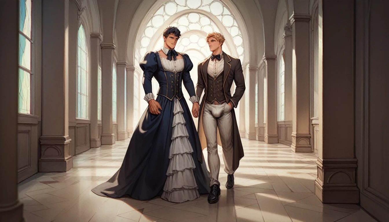 Best quality, masterpiece, intricate details, muscular male, ethereal ghost, wearing victorian clothes, bulge, walking down haunted hallway, gay, homoerotic, best view, manga art style, perfect fingers, no watermark, no logo, no signature