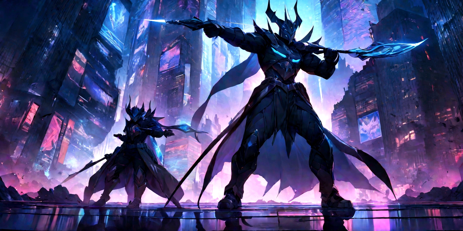 ((masterpiece, Highest quality, Best image quality, High resolution)) A giant masked hunter demon holding a bow and arrow、He holds his bow and arrow in a dynamic stance.、Glowing blue eyes and advanced cybernetic enhancements. Giant masked demon seen in dynamic action pose, neon, reflection on a smooth surface. The cityscape below is filled with towering skyscrapers., illuminated by colorful holographic advertisements, Shining with blue energy, Mighty power. The overall atmosphere is dark and mysterious., It had a futuristic techno vibe.. The lighting is dramatic, Intense highlights and deep shadows, Creates depth and tension. Color Palette