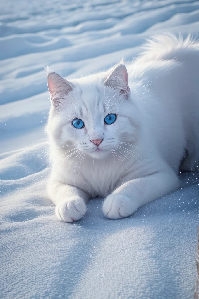 (best quality,4k,8k,highres,masterpiece:1.2),ultra-detailed,realistic,adorable,fluffy,frosted,playful kitty in a snowy landscape. icy surroundings,delicate snowflakes,dainty footprints,happy expression,tiny pink nose,shimmering whiskers,sparkling blue eyes,soft white fur,curious stance,gentle snowfall,magical atmosphere,ethereal beauty,winter wonderland,joyful energy,winter sunlight,blissful innocence,subtle shades of blue,crisp air,freshly fallen snow,crunchy texture,magic of the season,serene tranquility,elegance in simplicity,perfectly captured moment,endearing charm。