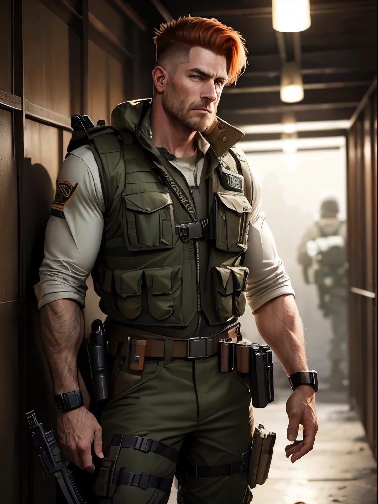 Mercenary, male focus,load-bearing vest, ammunition belt, danger atmosphere, war zone, auburn hair, crew cut, dark grey eyes, age 45.