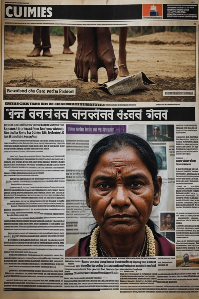 generate a image of  cutouts of newspaper related to crimes committed against the tribal community