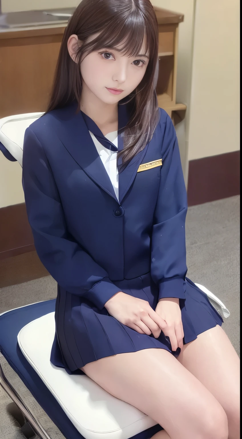 Highest quality,Super detailed,masterpiece,Hentai Realism,Photo Rare,Bright lighting,One Girl, Very beautiful 17 year old girl, (cute:1.6),A faint smile, (Brown eyes),(Brown haired),(With bangs),Perfect Glowing Skin,Perfect Skin,((erotic,Sexy and sexually explicit)),((Accurate Pointer，No discomfort)), Big ample breasts,Big breasts and small waist, View your viewers,((Blazer Uniform)),((Long sleeve uniform white shirt)),(Navy blue tie),(Navy blue mini skirt:1.3),(Sit on a chair,Spread your legs)), socks, (Black knee socks),(Loafer shoes), During the day,School、classroom、