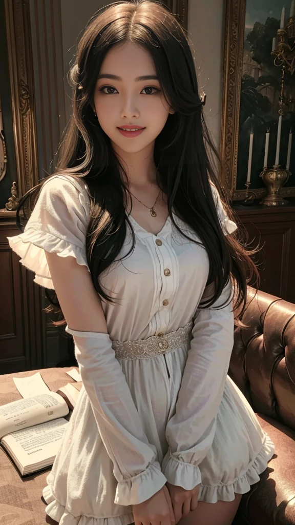 (RAW photos, best quality),(A girl with a literary atmosphere),Extremely refined, Astonishing, Fine details, masterpiece, Extremely detailed,high resolution,Long hair,Messy hair,(Soft lighting:1.4),(Smile)，bay