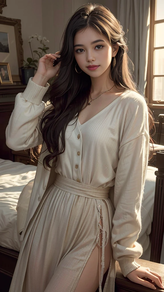(RAW photos, best quality),(A girl with a literary atmosphere),Extremely refined, Astonishing, Fine details, masterpiece, Extremely detailed,high resolution,Long hair,Messy hair,(Soft lighting:1.4),(Smile),bay