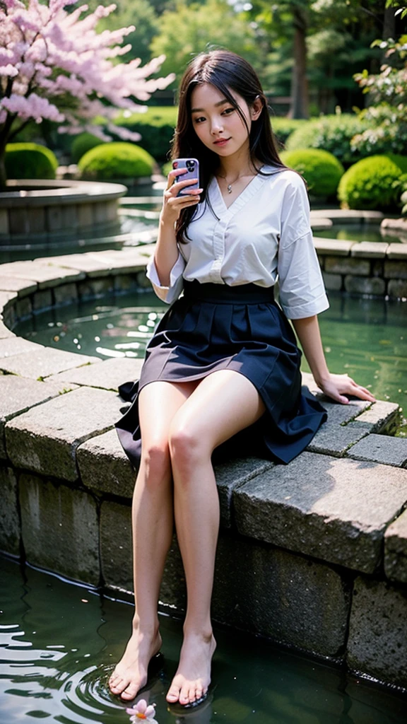 In a serene Japanese garden, she finds a moment of peace. Dressed in casual attire, she takes a selfie with a reflective smile, the landscaped beauty of nature—koi ponds, stone lanterns, and cherry blossoms—creating a perfect backdrop. This selfie encapsulates her connection with nature and the tranquility it brings