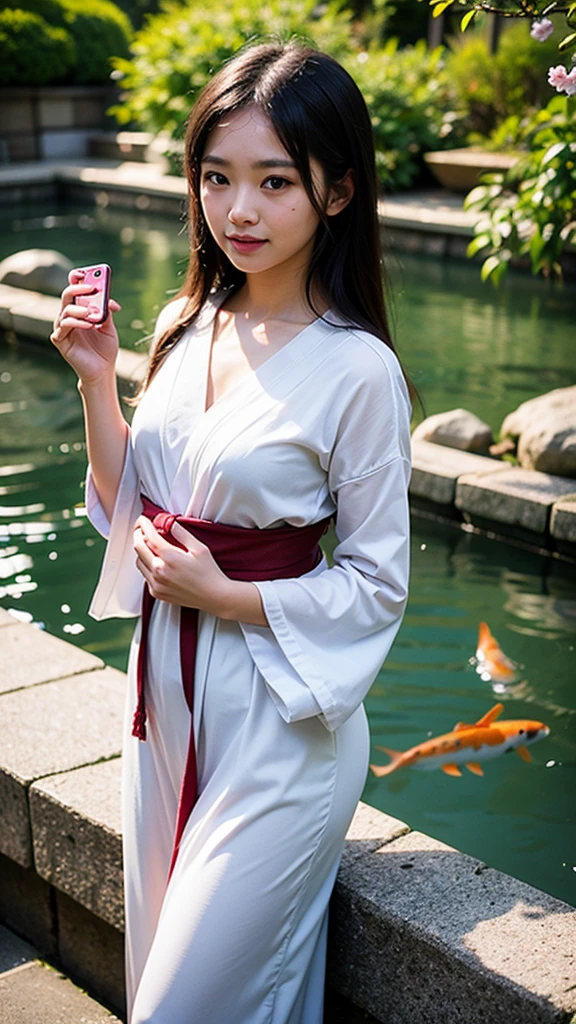 In a serene Japanese garden, she finds a moment of peace. Dressed in casual attire, she takes a selfie with a reflective smile, the landscaped beauty of nature—koi ponds, stone lanterns, and cherry blossoms—creating a perfect backdrop. This selfie encapsulates her connection with nature and the tranquility it brings