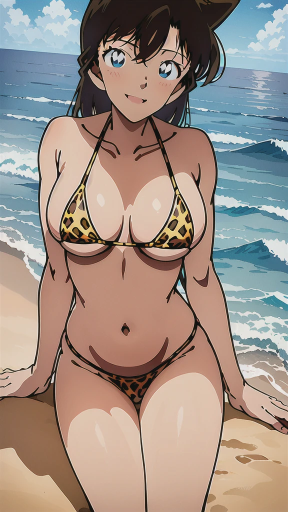 (masterpiece, 4K, Highest quality, anime style: 1.9, Detailed face, Lovely, Ocean,Bold, High resolution, anime, alone, Curvaceous, Thighs, Cleavage, Center of chest, smile, Please open your mouth wide, Very slim belly, Cowboy Shot,Leopard print bikini,1 Girl, Detective Conan,Maorilan,lie down