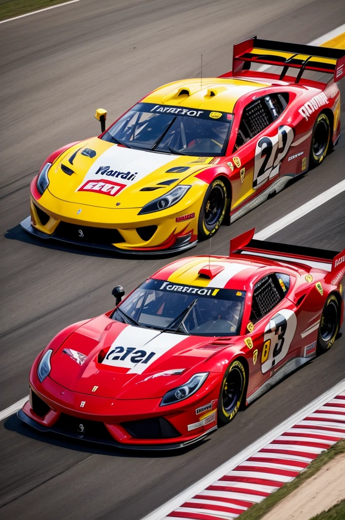 Generate ferrari NASCAR race car, red with white and yellow details