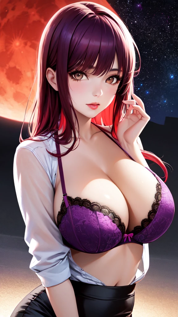 1girl, beautiful face, ((white eyes)), sexy pose, Red moon in the background, stars, space, (lightroom:1.13), soft light, (natural skin texture:1.2), (Hyperrealism:1.2), sharp focus, focused,[[realistic]]Front open shirt、G-cup bust、Reddish-purple hair、Purple bra、Pencil Skirt、Glamorous figure、whole body、
