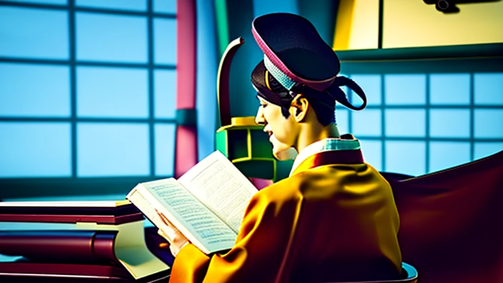 Back view of a japanese man wearing a purple kimono and an old black hat reading an old brown japanese book, centered, scale fit, rule of thirds, (shiny Egyptian ornaments), high resolution, sharp focus, (ultra detailed, highly detailed), (photorealistic artwork: 1.37), (highly detailed CG Unity 8k wallpaper), (((vibrant colors, vibrant theme))), (exquisite), (masterpiece), (best quality), art photography, (photo by sldr), (exquisite background), perfectly rendered face, perfect facial details, realistic face, photorealistic, ((exquisite details)), (((realism))),