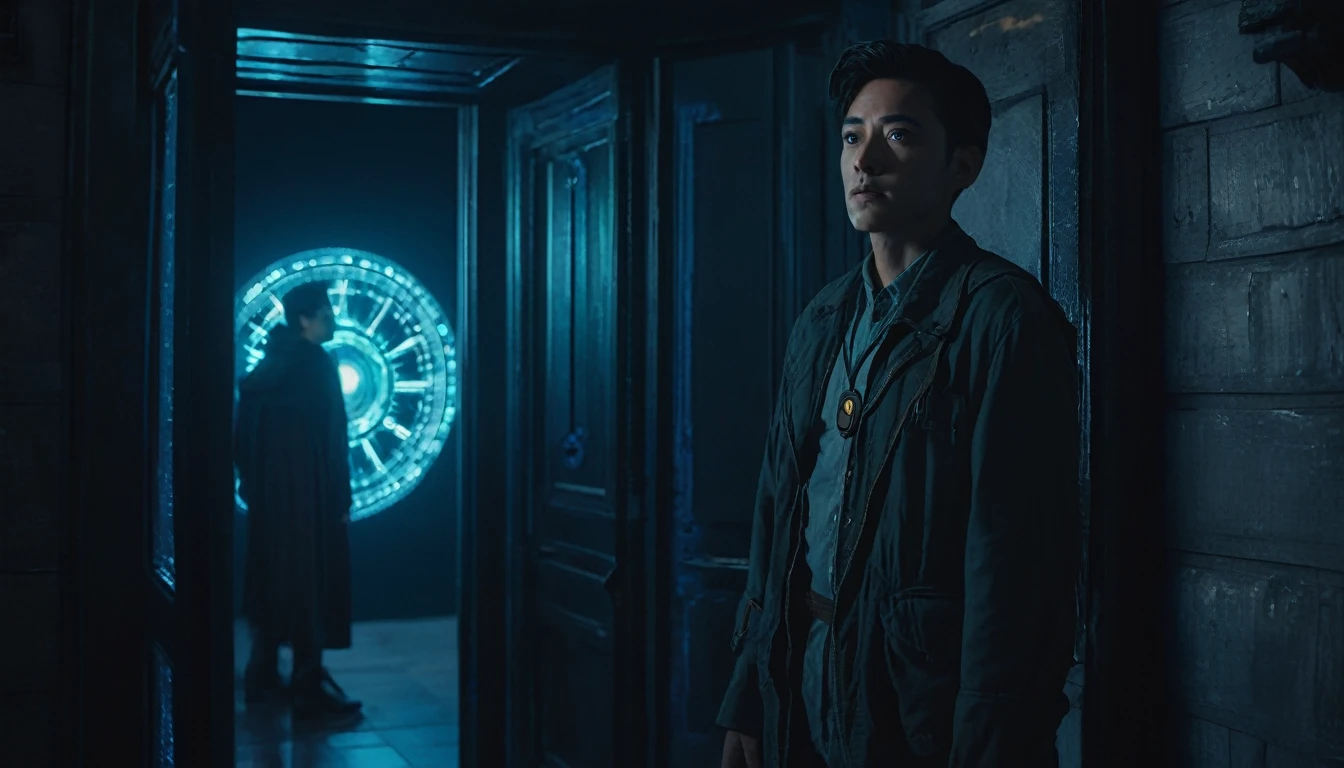A detailed image of [Time Traveler] [standing and looking at you] at [the door of an interdimensional space] during [late night], taken with a cinematic camera, using portrait with cinematic lighting --ar 16:9 --s 1000 --v 6
