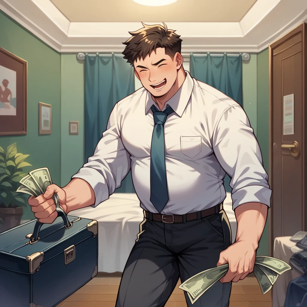 A fat young man is happy, he wears a shirt and tie, a suitcase with money bills, hotel room, night