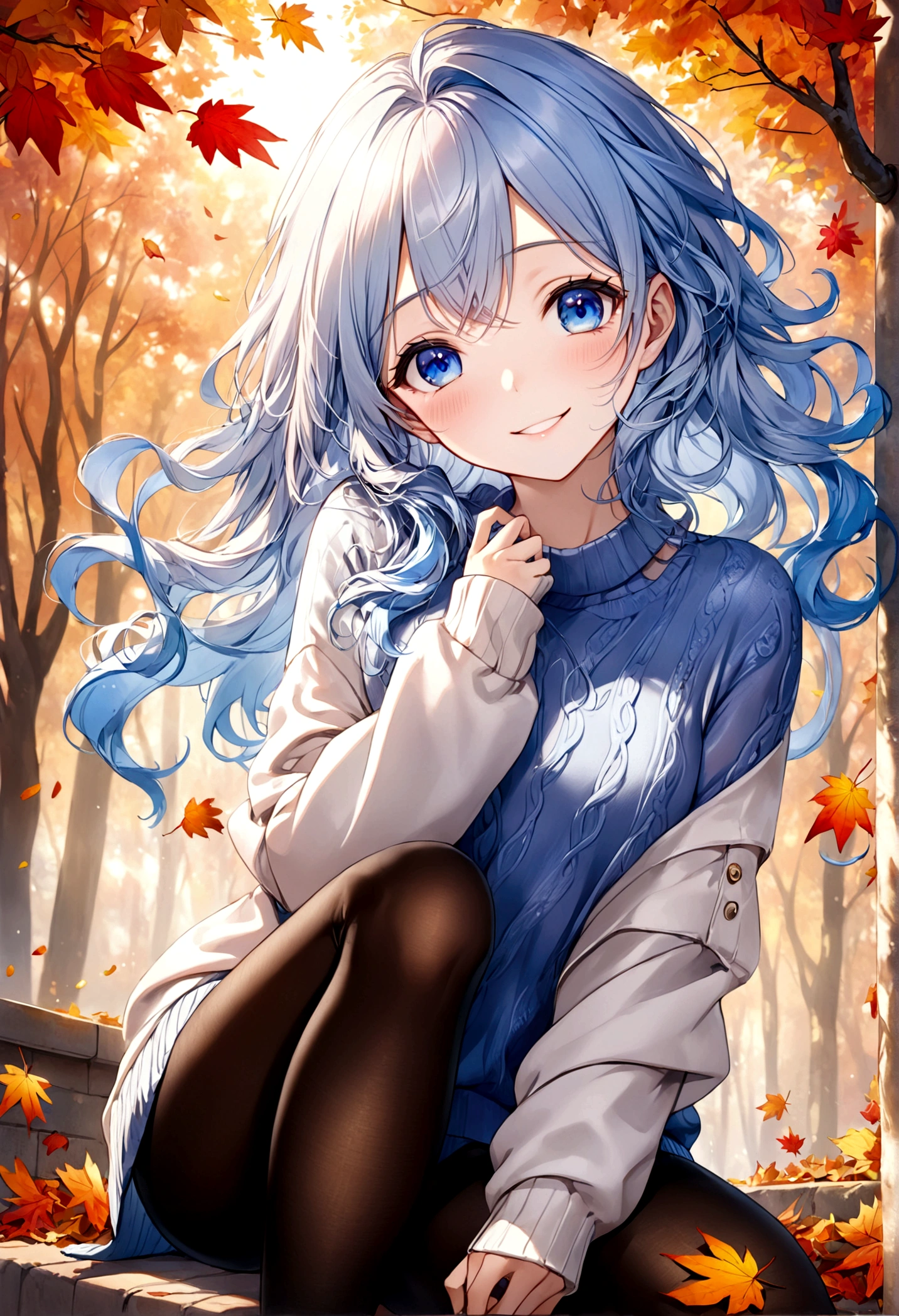 ((top-quality)), ((​masterpiece)), ((ultra-detailliert)), (extremely delicate and beautiful), beautiful woman, bright light blue hair, long wavy hair, sapphire blue eyes, cozy sweater, sheer black pantyhose, sweet smile, relaxed expression, fair complexion, autumn background