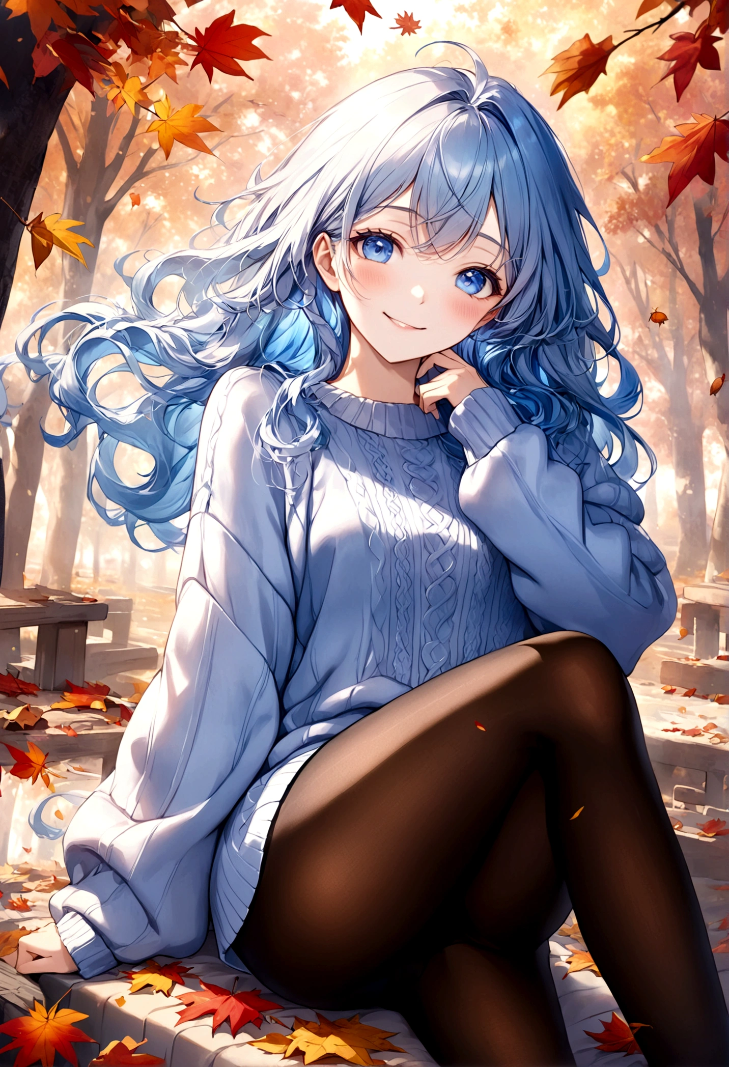 ((top-quality)), ((masterpiece)), ((ultra-detailliert)), (extremely delicate and beautiful), beautiful woman, bright light blue hair, long wavy hair, sapphire blue eyes, cozy sweater, sheer black pantyhose, sweet smile, relaxed expression, fair complexion, autumn background