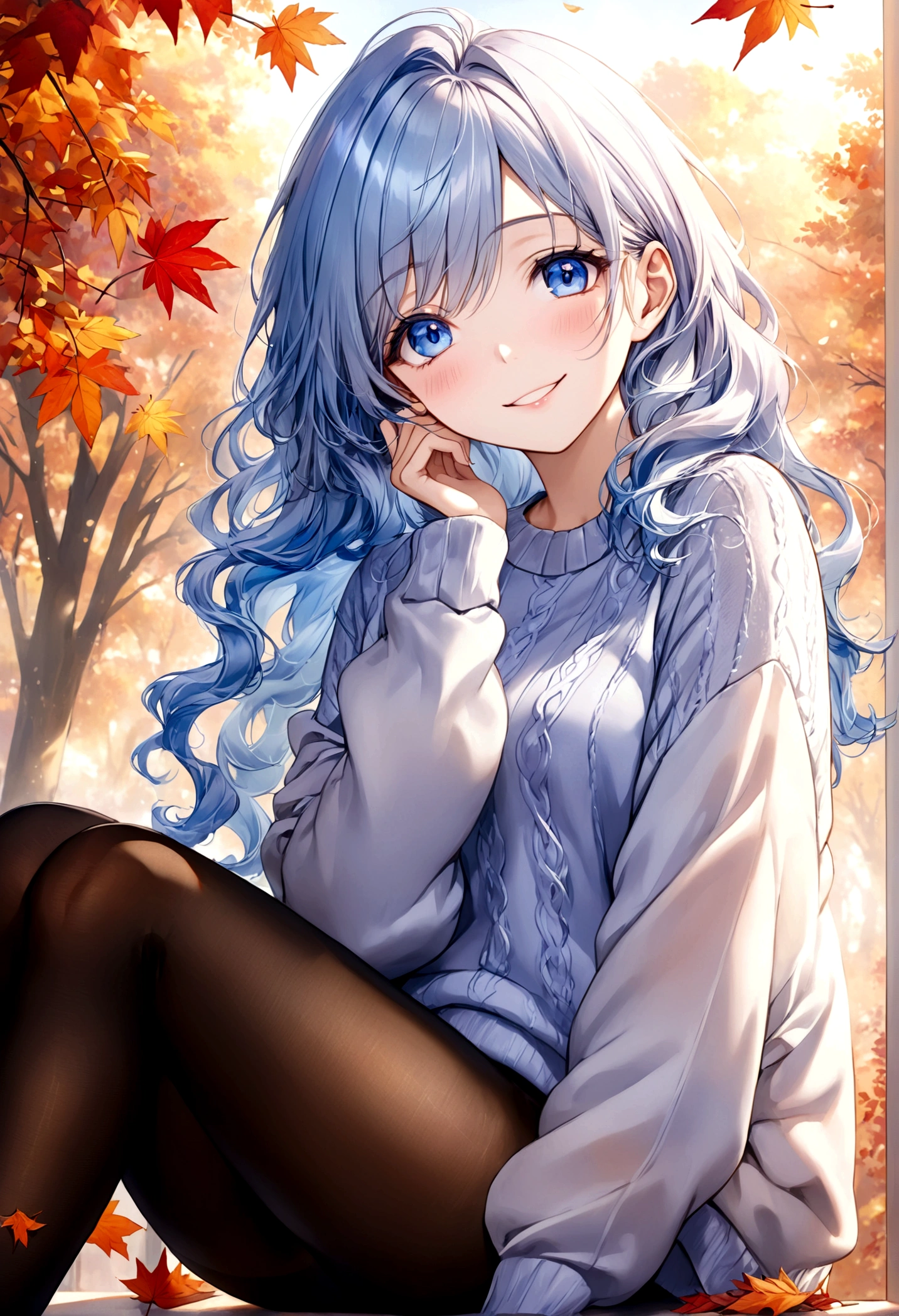 ((top-quality)), ((masterpiece)), ((ultra-detailliert)), (extremely delicate and beautiful), beautiful woman, bright light blue hair, long wavy hair, sapphire blue eyes, cozy sweater, sheer black pantyhose, sweet smile, relaxed expression, fair complexion, autumn background